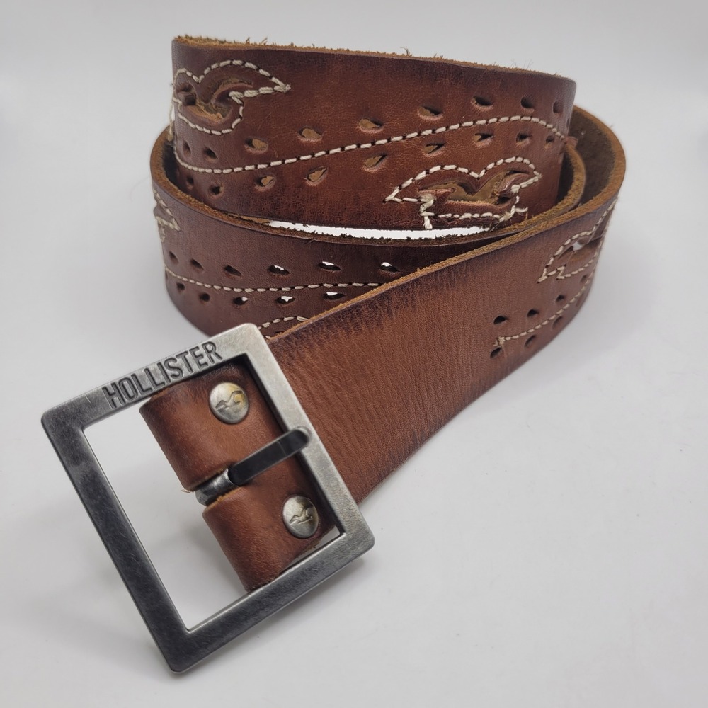 Hollister Belt Medium Brown Leather Perforated Logo Boho Rugged Artisan Western